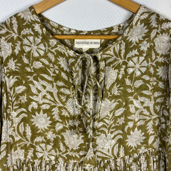 Daughters of India Women Kyra ¾ Sleeve Mini Dress Sz XL Olive Flowy Cotton Light - Picture 6 of 14